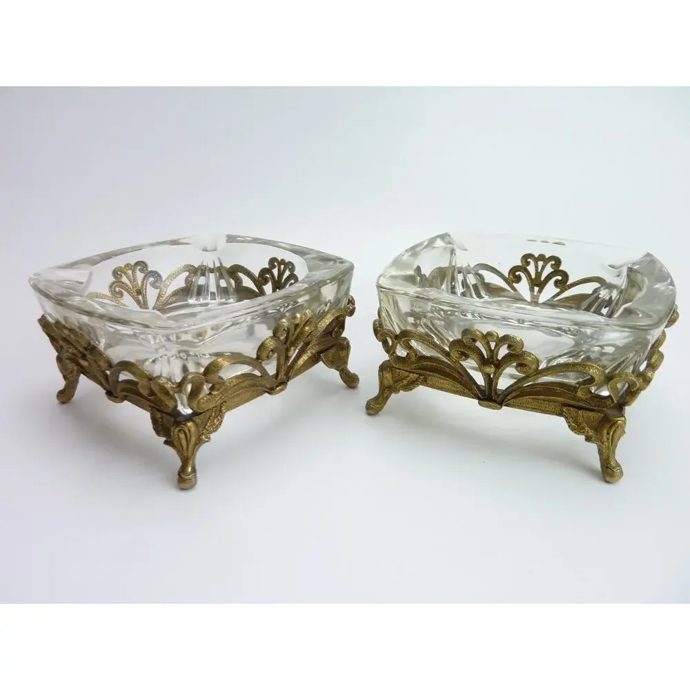 Vintage Hollywood Regency Glass Ashtrays Gold Filigree Jewelry Trinket Dishes